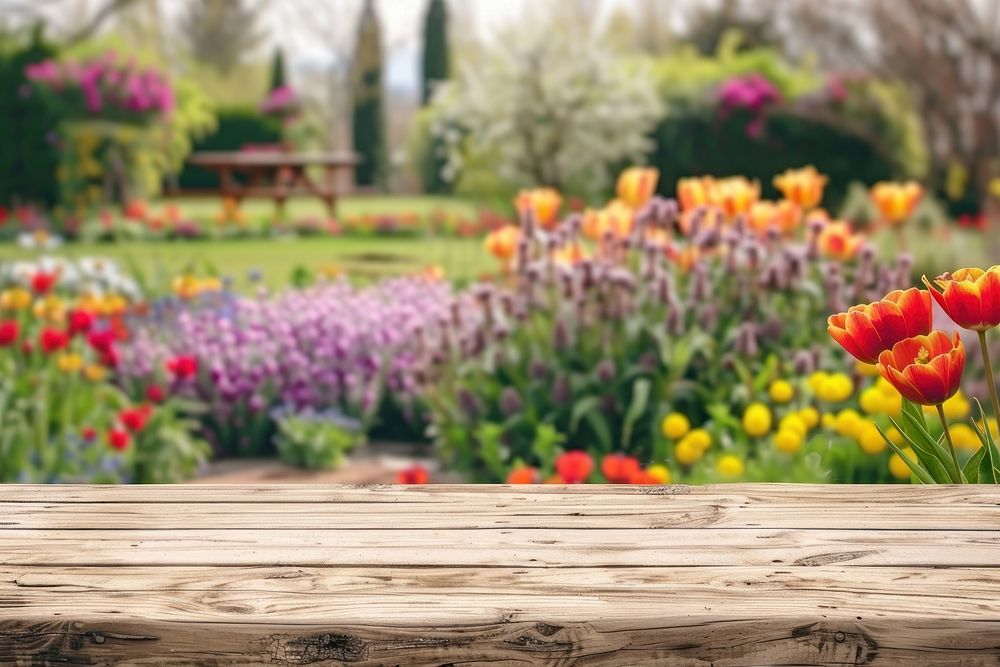 Wooden table background on a blur garden vegetation furniture outdoors.