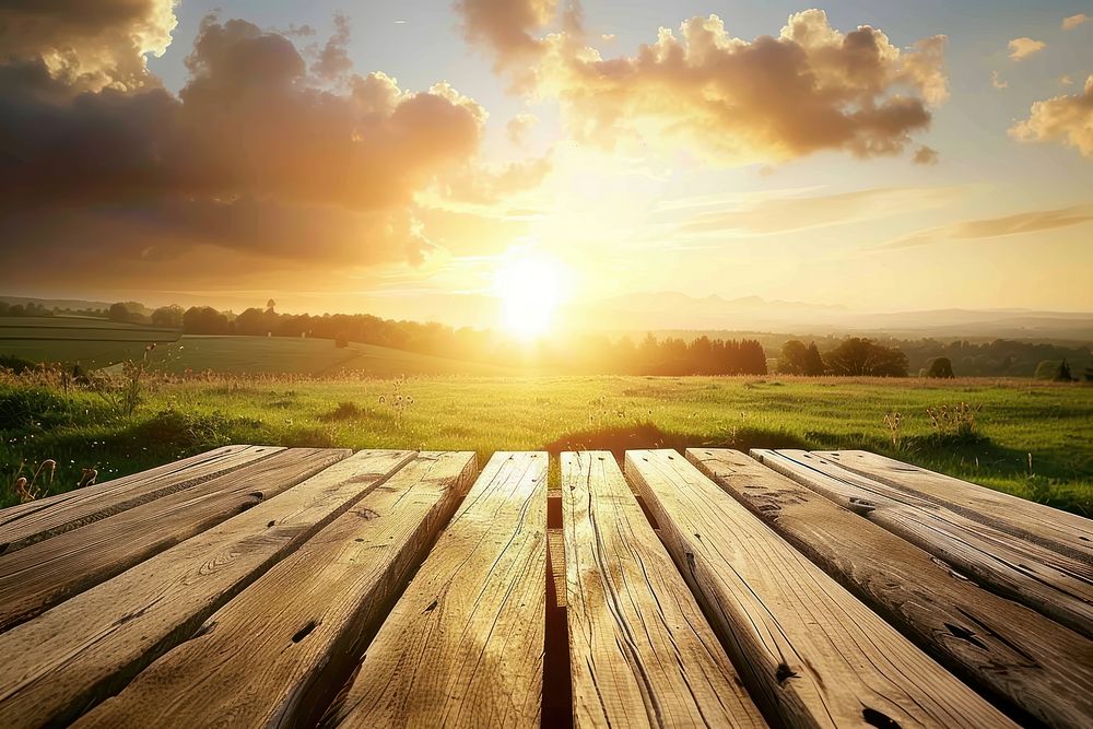 Wooden table background on a blur farm wood countryside landscape.