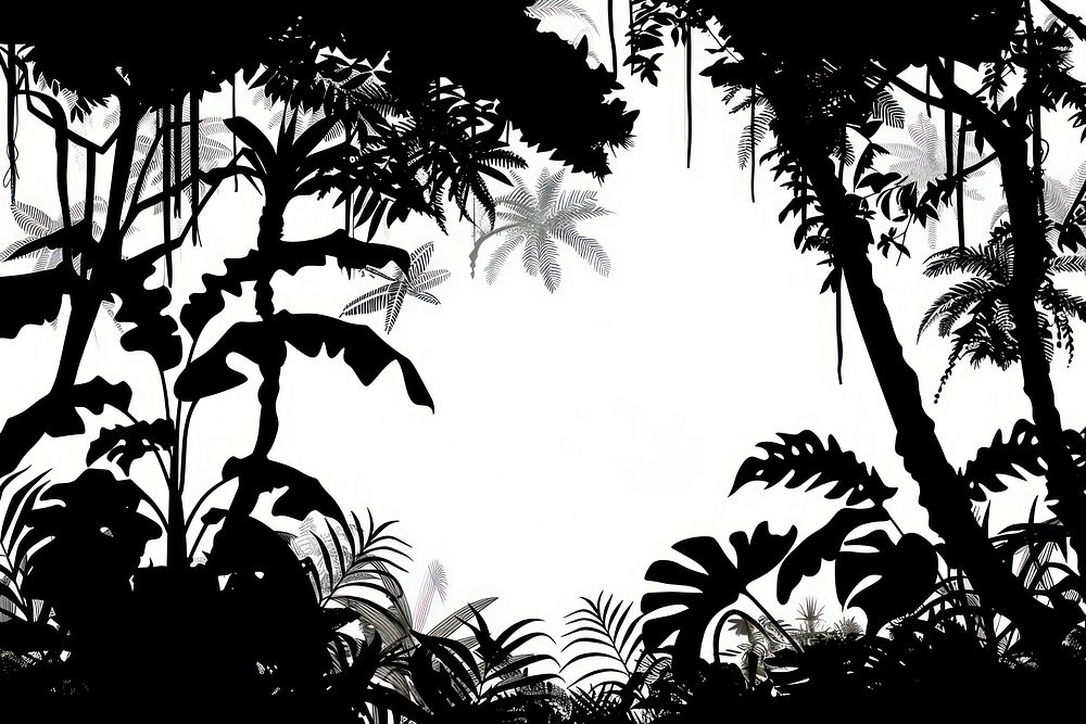 Silhouette vegetation rainforest arecaceae.