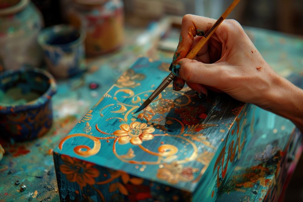 Hand painting on wooden box brush art craftsperson.