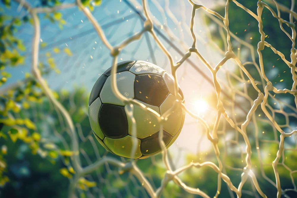 Soccer ball touch goal net football sports sunlight.