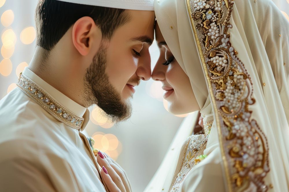 Muslim couple newlywed looking at each other bridegroom wedding person.