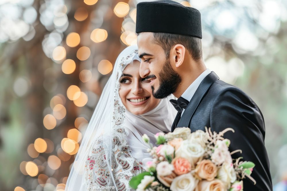 Arabic couple newlywed looking at camara wedding accessories bridegroom.