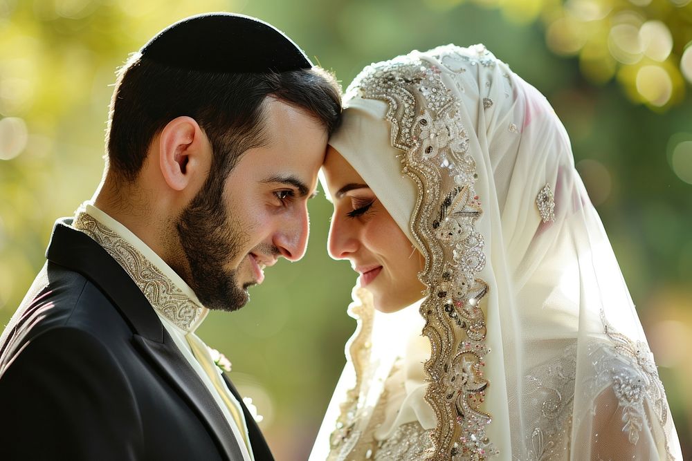 Arabic couple newlywed looking at camara wedding bridegroom person.