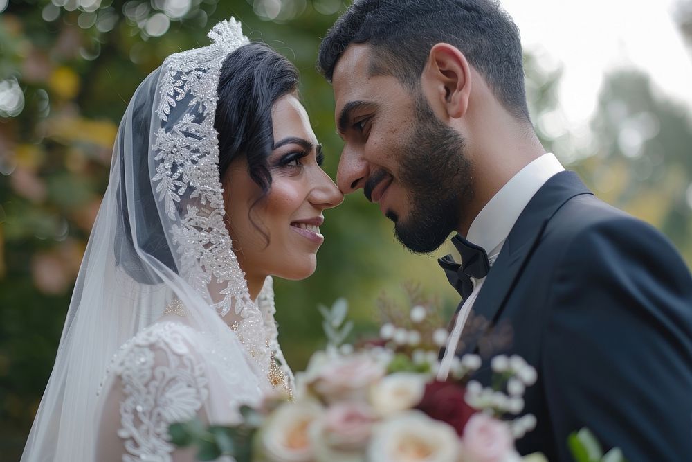 Arabic couple newlywed looking at each other wedding bridegroom person.