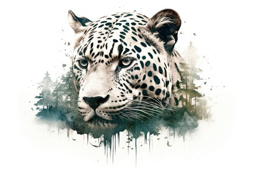 Double exposure photography jaguar and forest wildlife panther leopard.