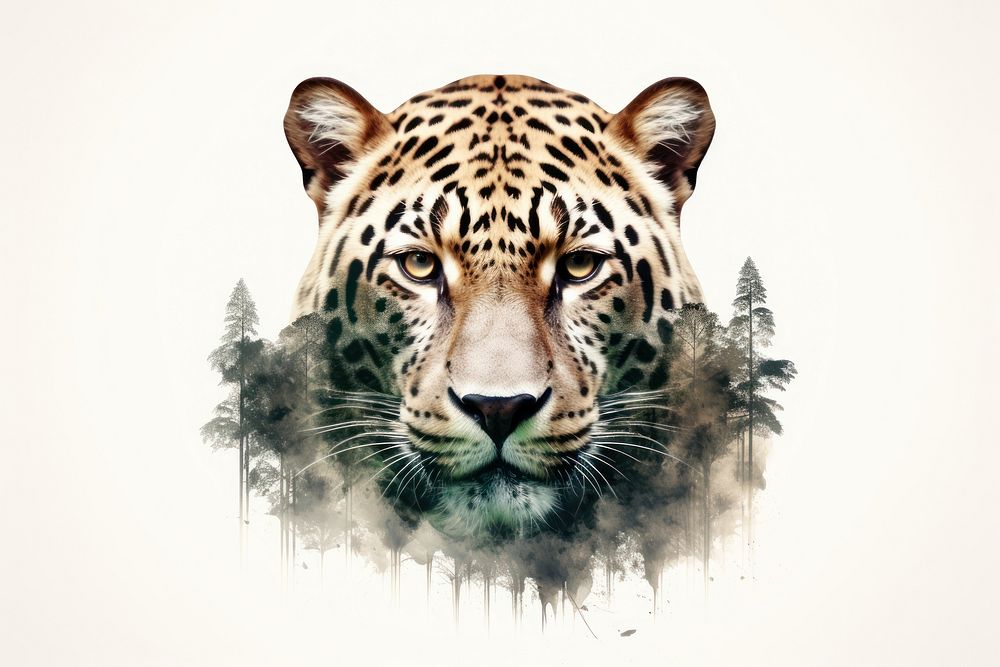 Double exposure photography jaguar and forest wildlife cheetah panther.