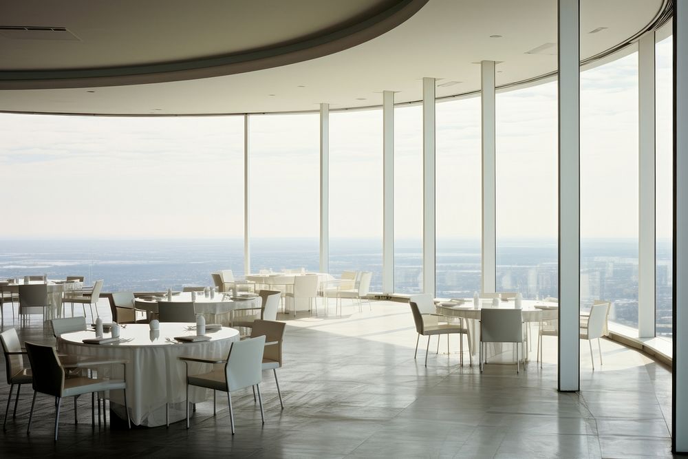 Panoramic restaurant architecture furniture cafeteria.