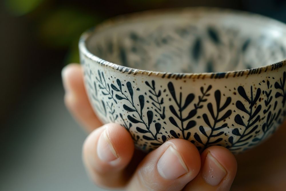 Hand pattern on the ceramic cup porcelain pottery finger.