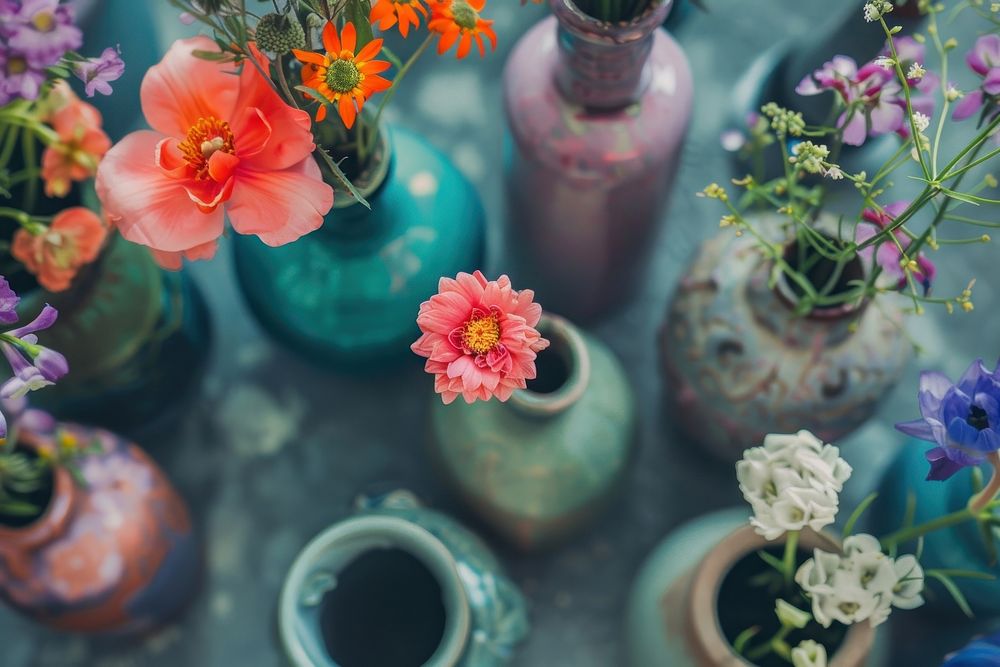 Arrange flower vases backgrounds outdoors nature.