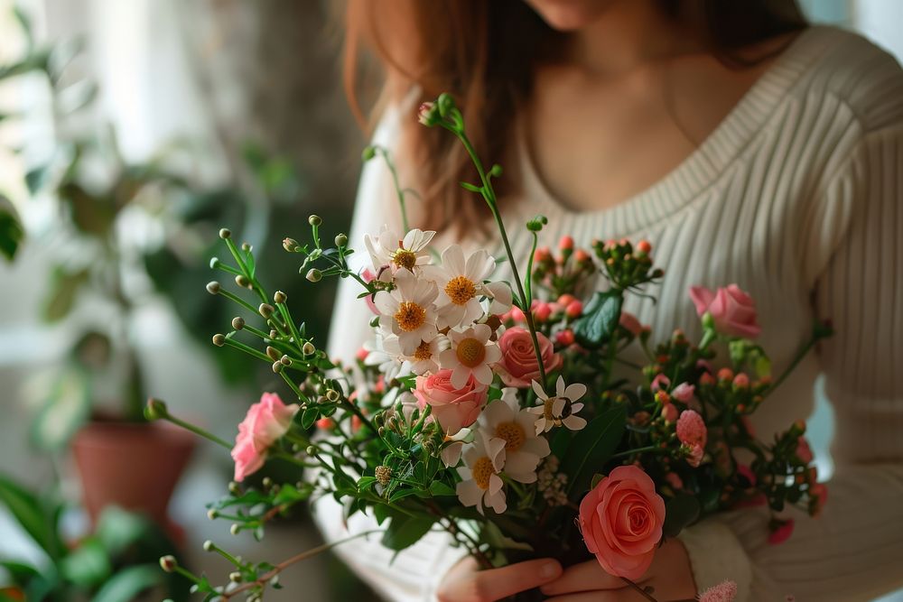 Woman arranging flowers in a vase plant adult rose.