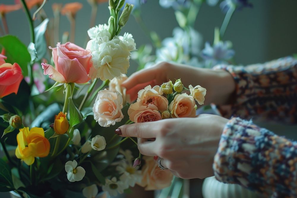 Woman arranging flowers in a vase plant petal rose.