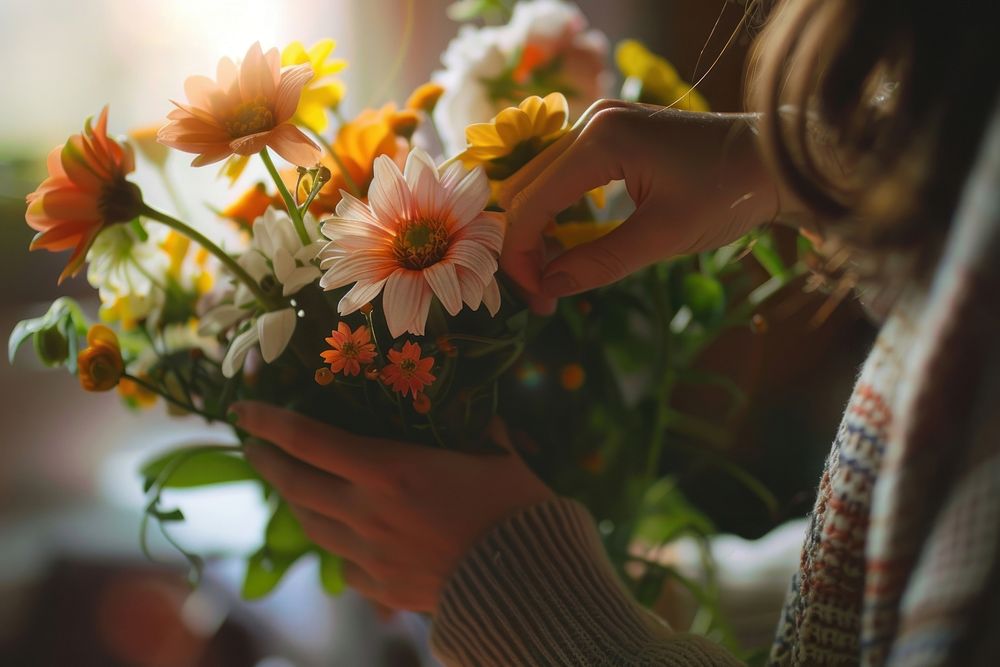 Woman arranging flowers in a vase plant petal daisy.