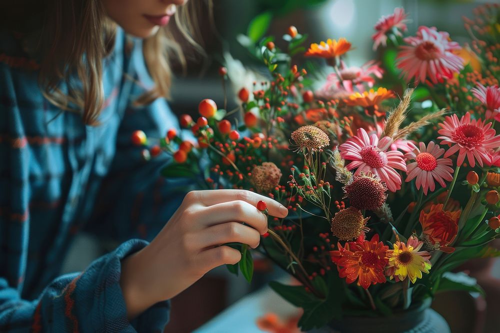 Woman arranging flowers in a vase plant creativity chrysanths.