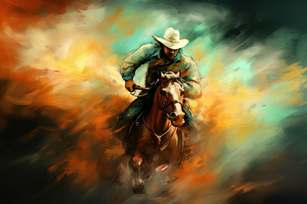 Cowboy riding bucking horse art equestrian recreation.