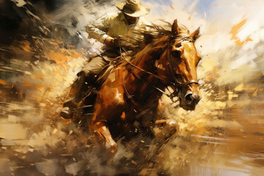 Cowboy riding bucking horse art equestrian painting.