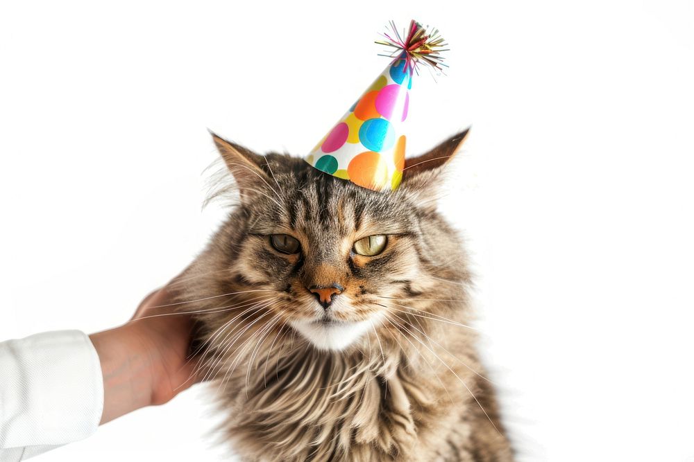 Cat wearing a birthday hat mammal animal pet.