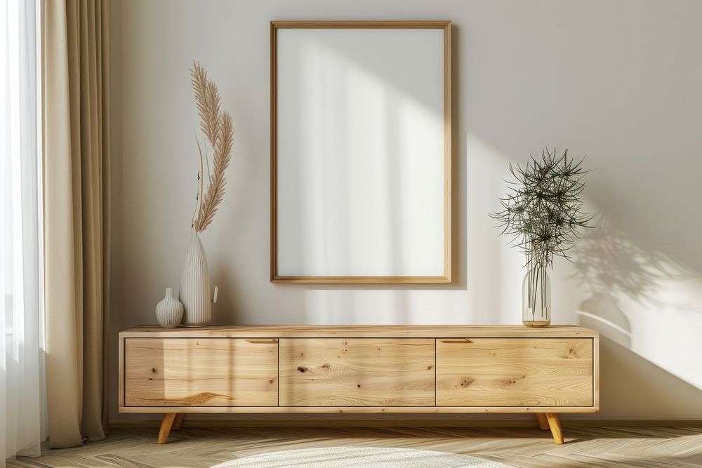 Single picture frame mockups sideboard wood furniture.