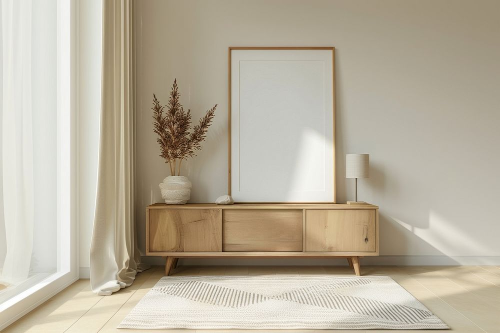 White blank single picture frame mockups sideboard furniture cabinet.