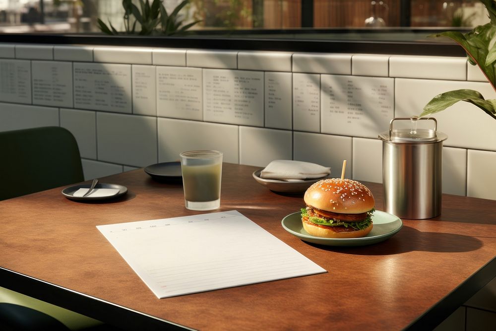Blank menu mockup burger table furniture.