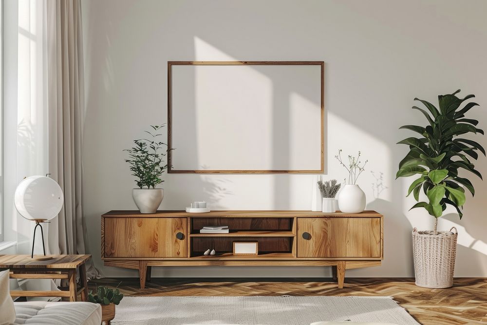 Mockup of a single blank white picture frame on the middle wall sideboard wood furniture.