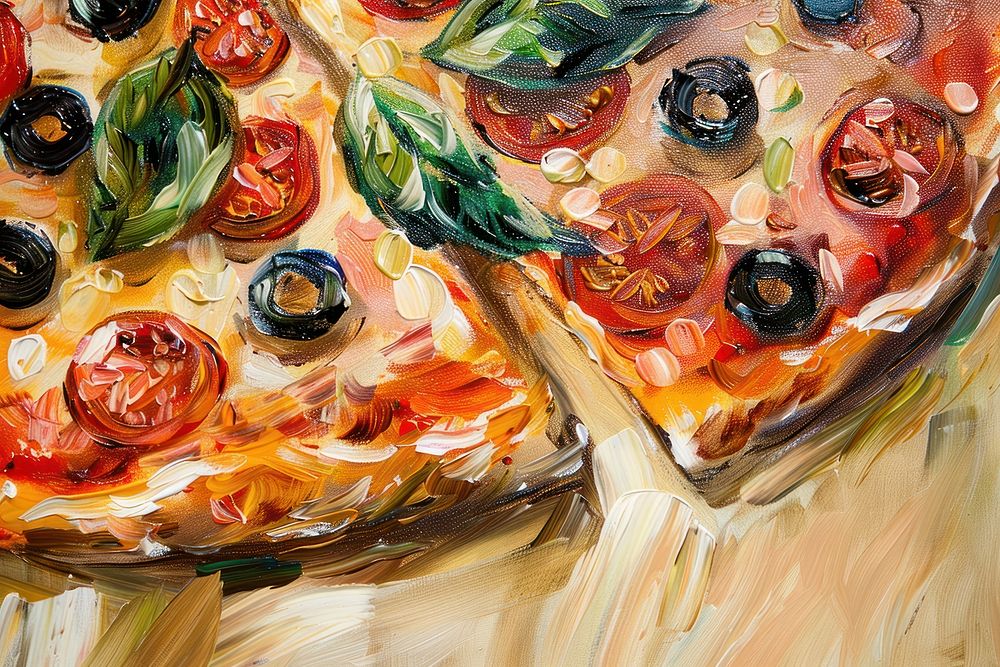 Close up on pale Pizza painting food art.