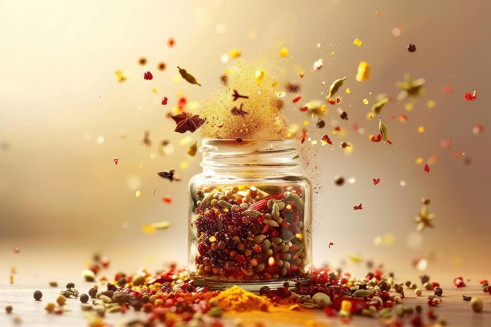 Glass jar with various spices flying food.