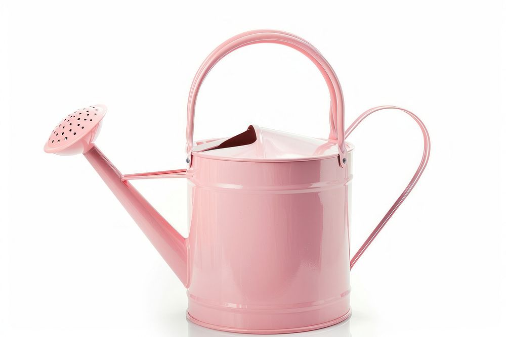 Pink watering can white background container flowerpot.