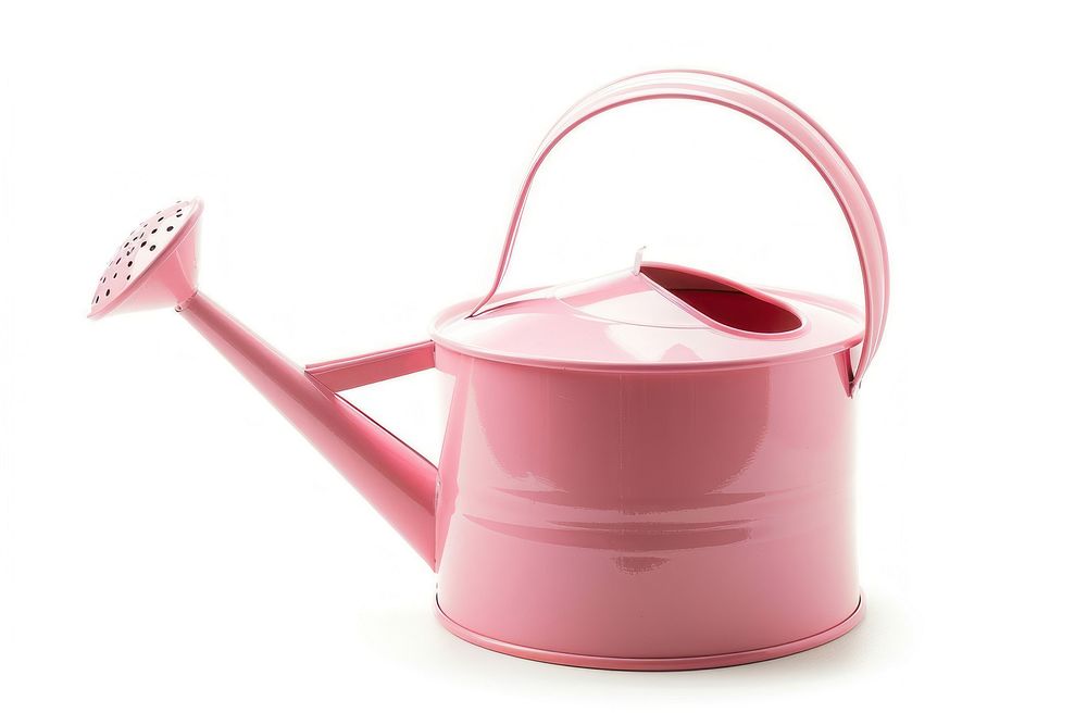 Pink watering can white background container gardening.