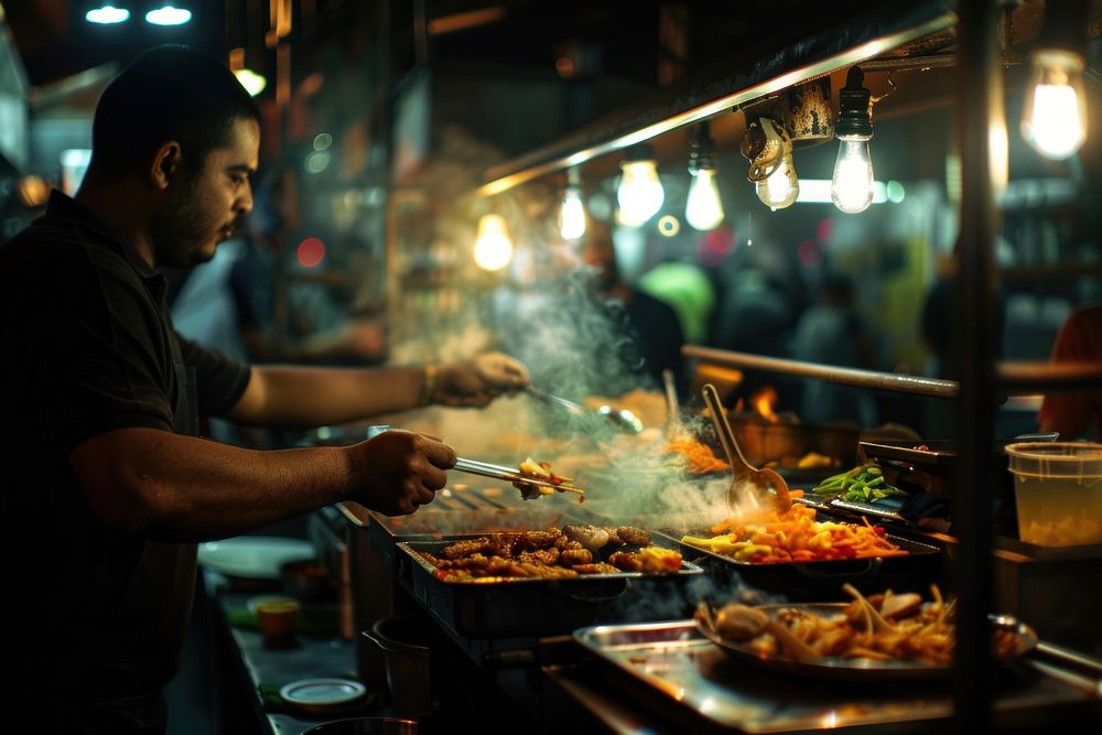 Restaurant desk food grilling cooking.