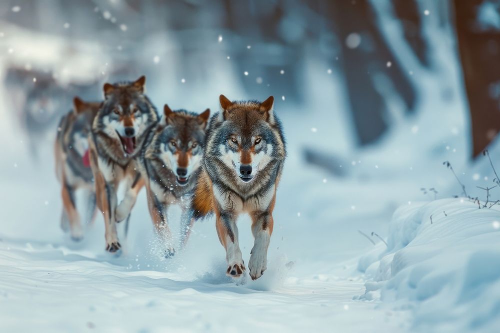 Photo of group of grey wolf snow outdoors animal.