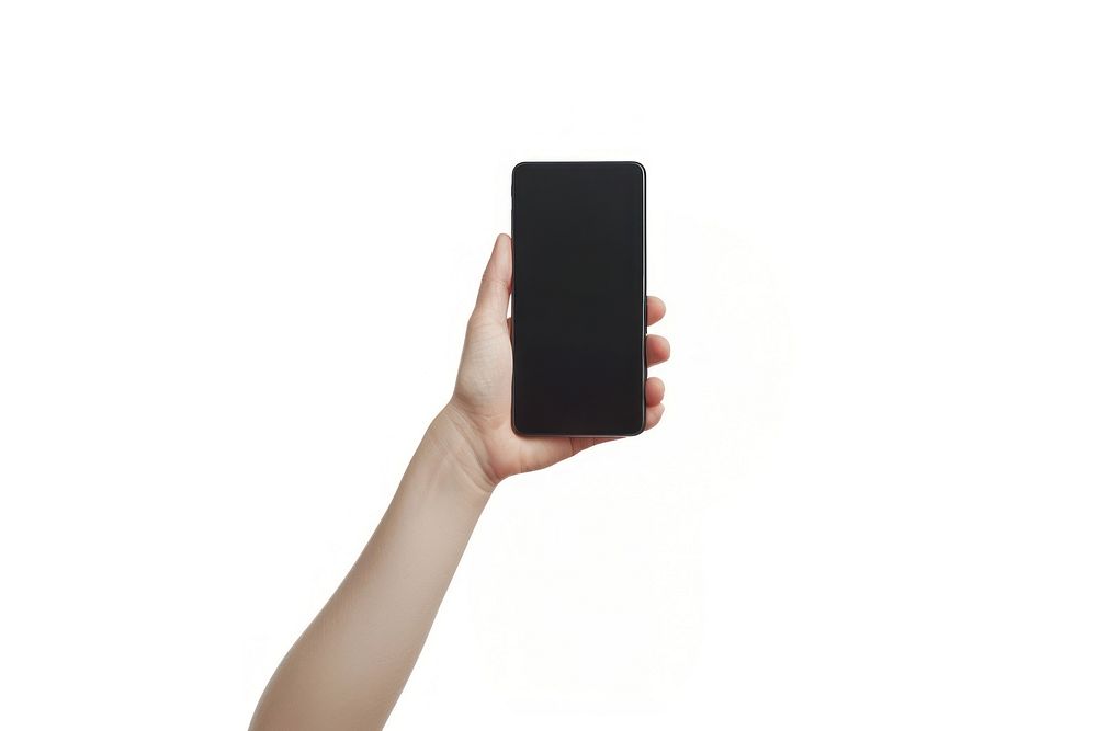 Hand holding smartphone white background photographing portability.