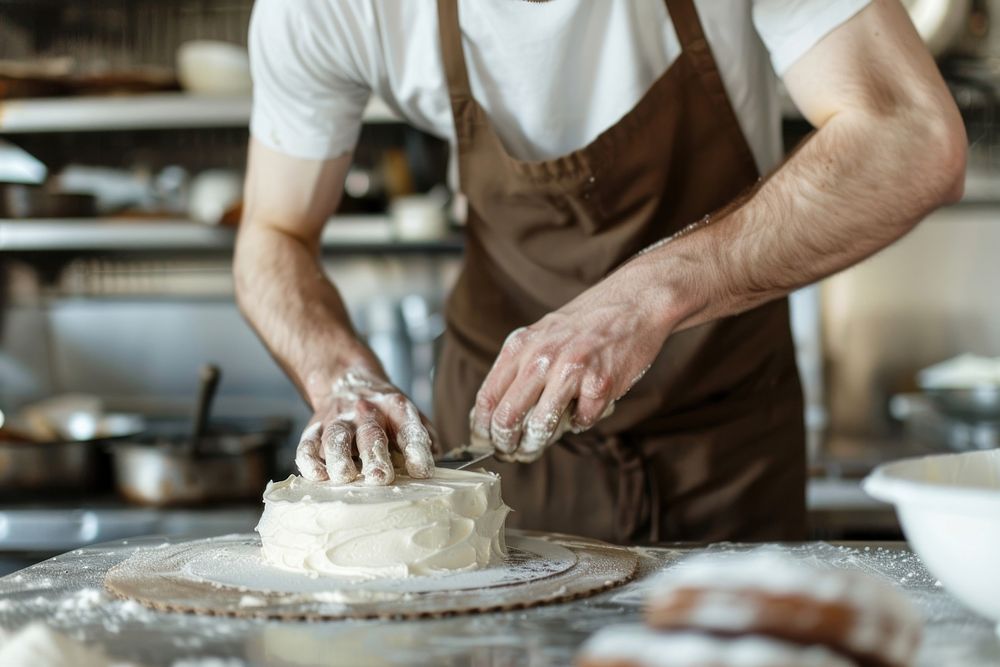 Man baking a cake cooking adult food.