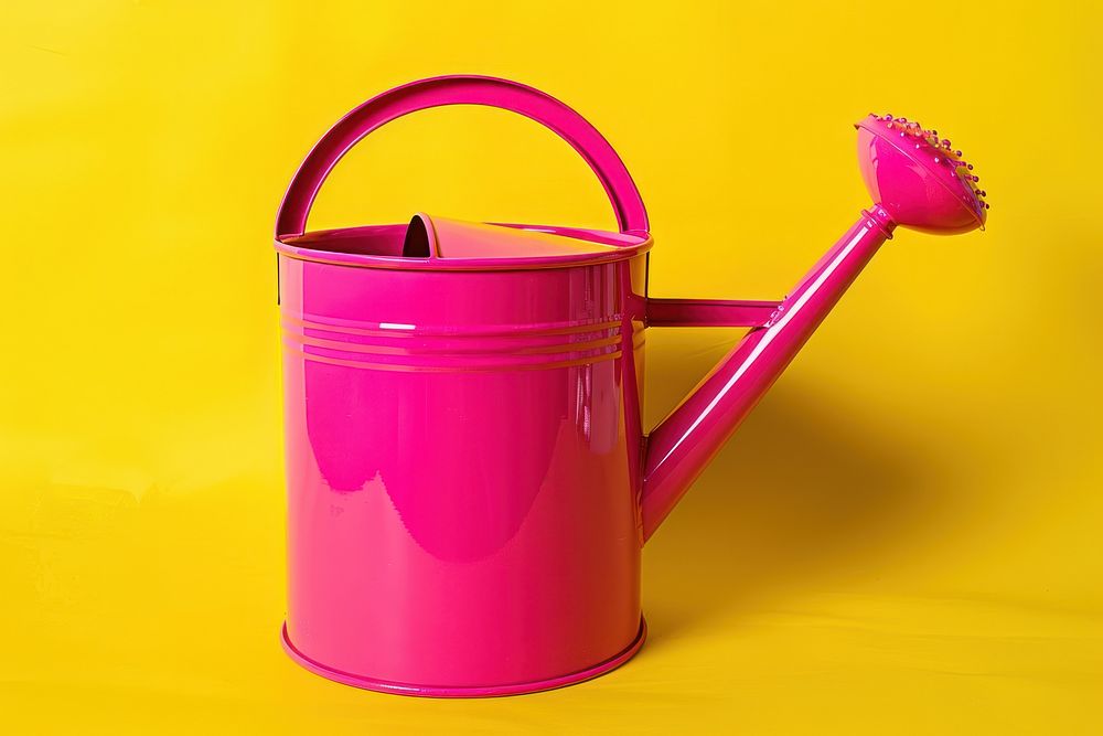 Watering can yellow pink container.