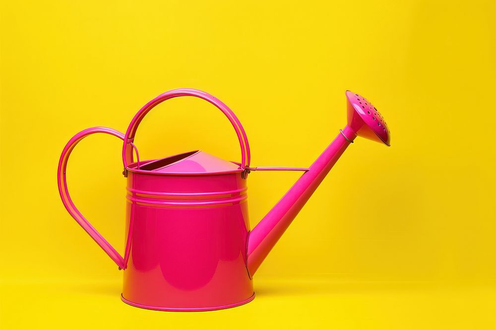 Watering can yellow pink container.