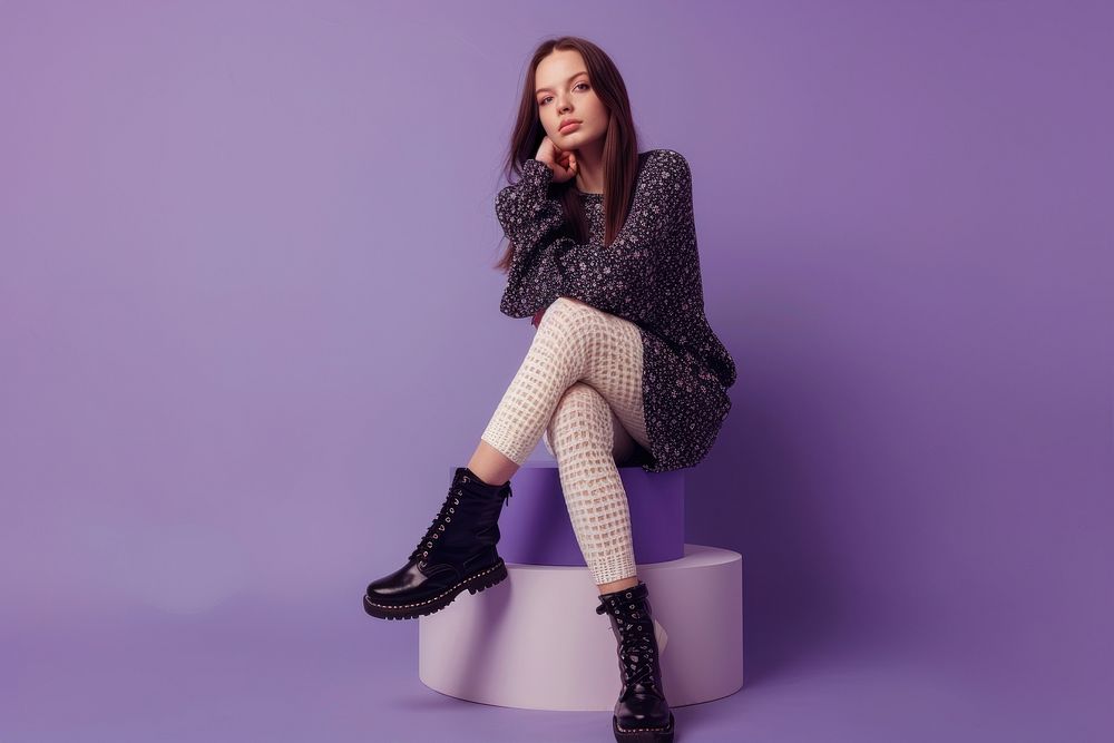 Sitting podium young woman wear trendy clothes advertisement posing model footwear purple adult.