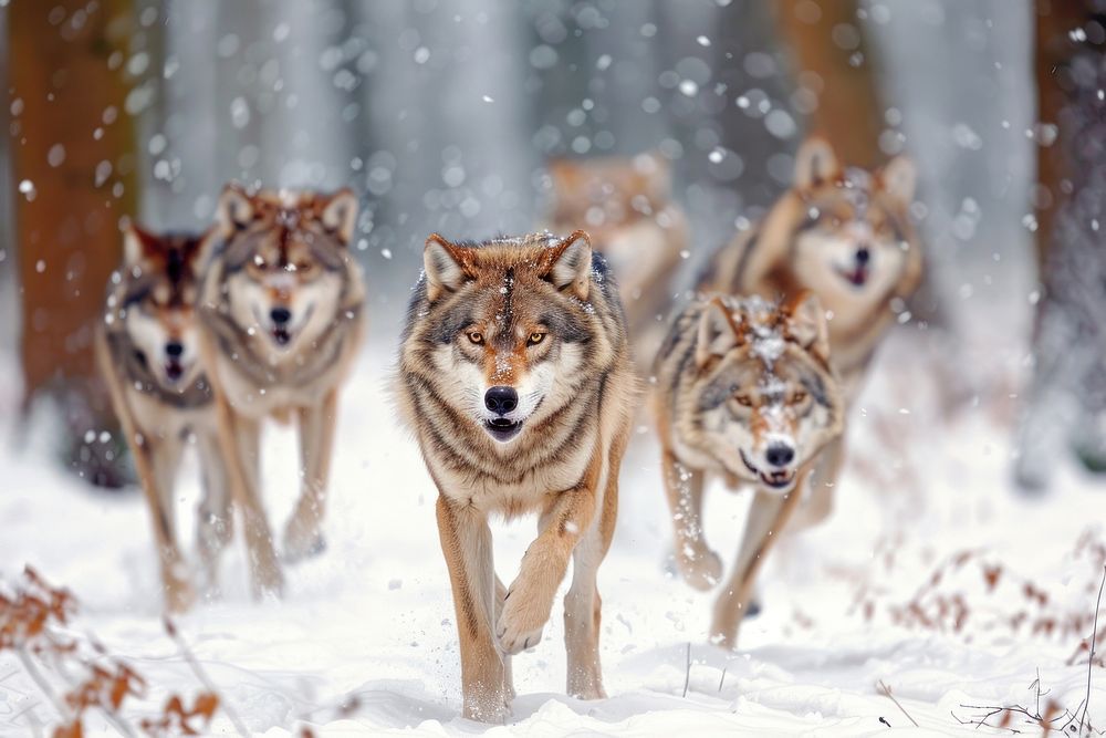 Photo of small group of grey wolf snow outdoors animal.