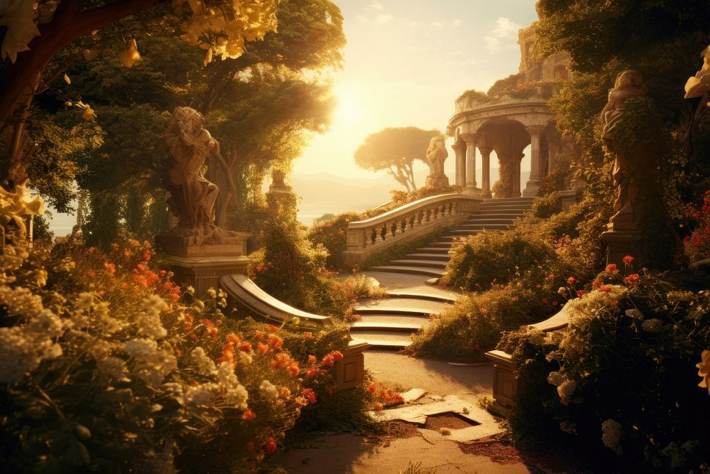 Greco-Roman garden style art architecture vegetation.