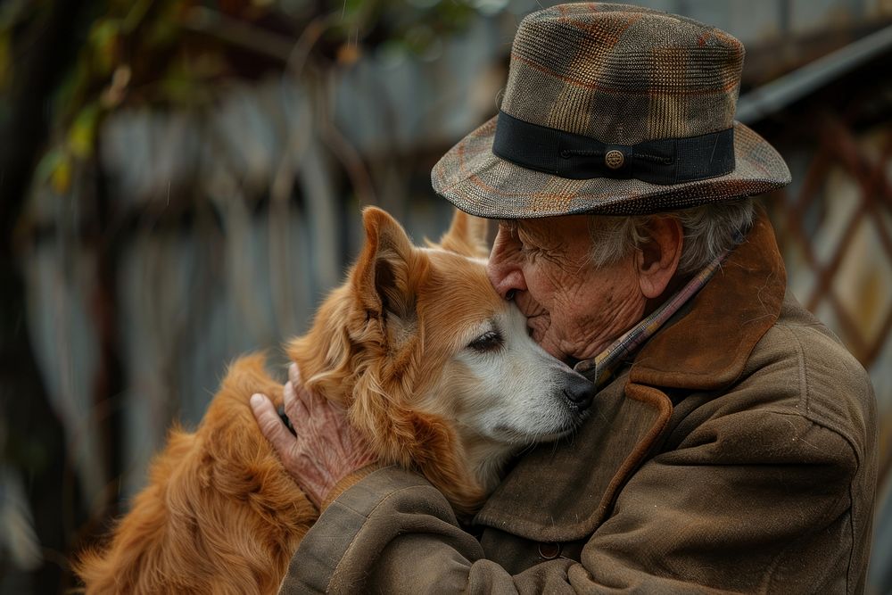 A elderly guy cuddling a dog photography clothing portrait.