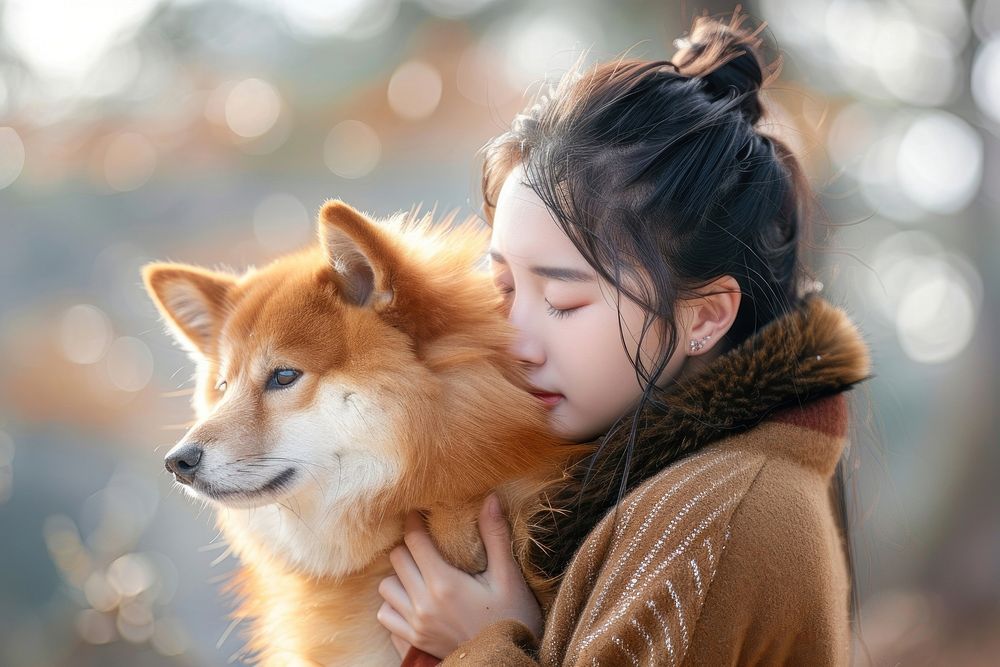Asian girl cuddling a dog photography portrait female.
