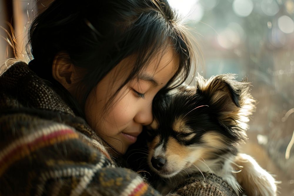 Asian girl cuddling a dog photography portrait papillon.