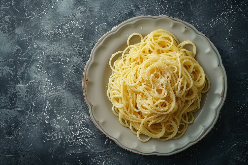 Pasta on a beautifully decorated plate pasta blackboard spaghetti.