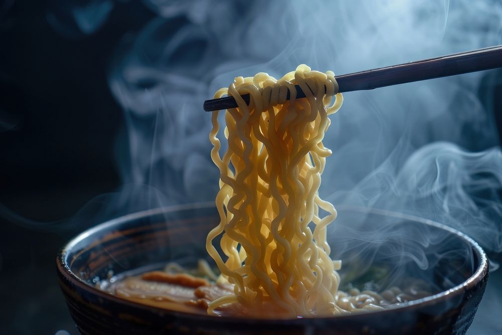 The ramen noodles are lifted slowly with chopsticks dish food meal.