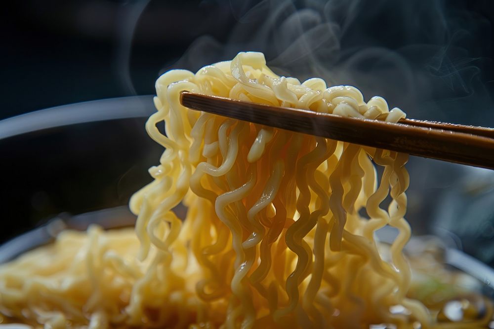 The ramen noodles are lifted slowly with chopsticks festival food meal.