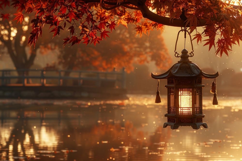 Japanese garden style chandelier outdoors scenery.