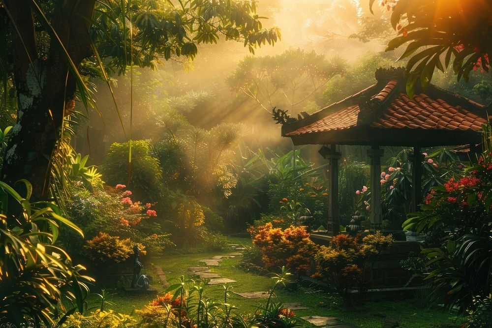 Bali garden style architecture vegetation rainforest.