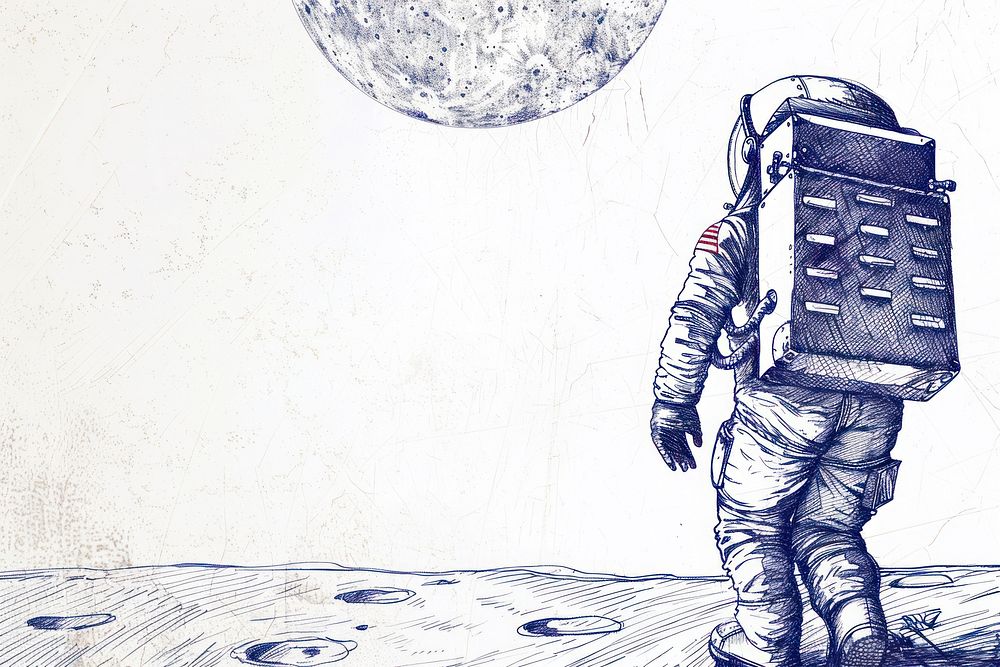Vintage drawing astronaut sketch space moon.