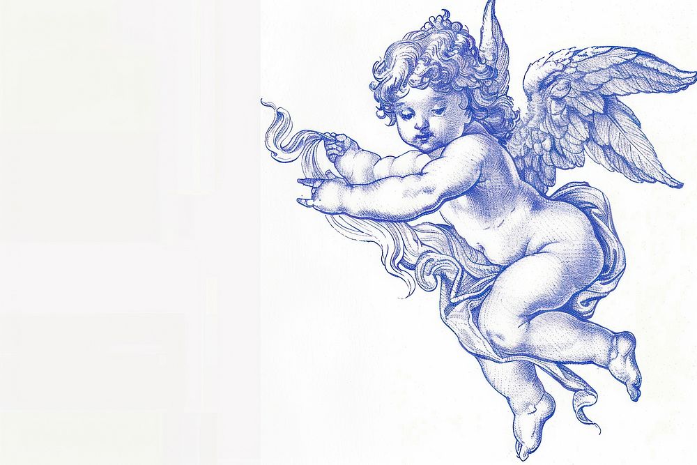 Vintage drawing angel sketch blue art.