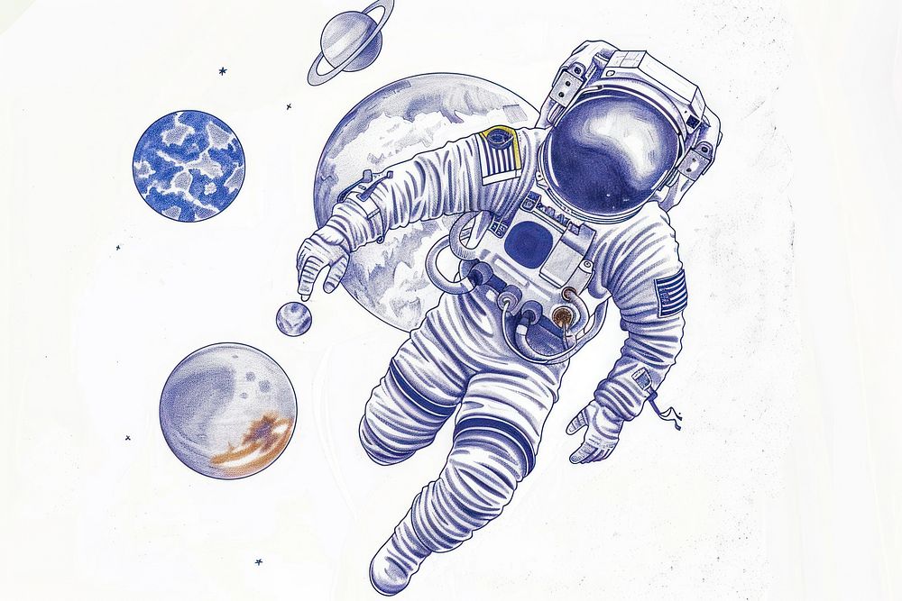 Vintage drawing astronaut sketch space illustrated.