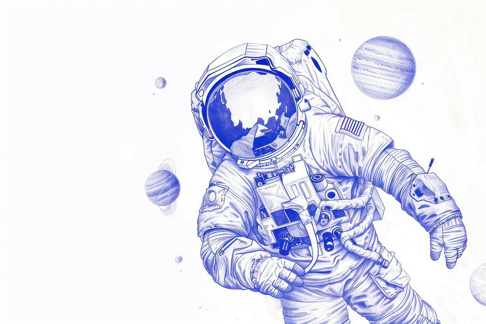 Vintage drawing astronaut sketch space blue.